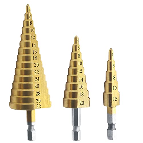 3 piezas Set de brocas escalonadas HSS Revestido Ranura recta para núcleo madera Metal Cortador agujeros Mangos hexagonales 1 4inch métricas acero alto