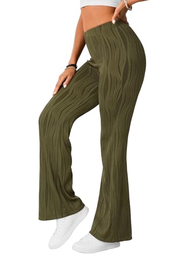 Rooscier Women's Textured Pants Elastic High Waist Palazzo Pants Casual Straight Leg Trousers3