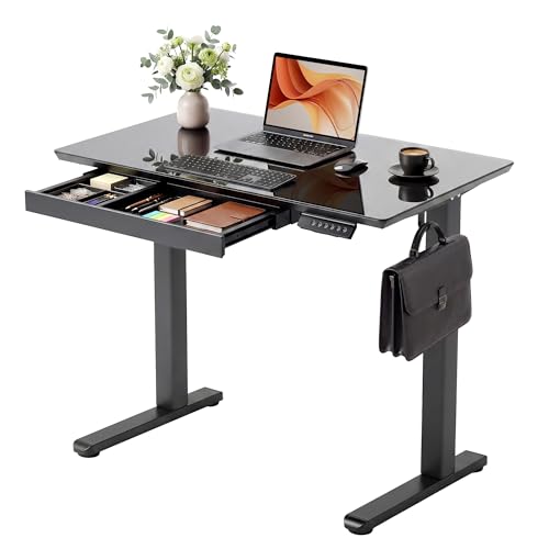 Image of YDN Glass Standing Desk with Drawer, 35 x 19 Inches Electric Adjustable Height Desk, Sit Stand Home Office Desk with Tempered Glass Top, 4 Memory Presets Ergonomic Computer Desk, Black