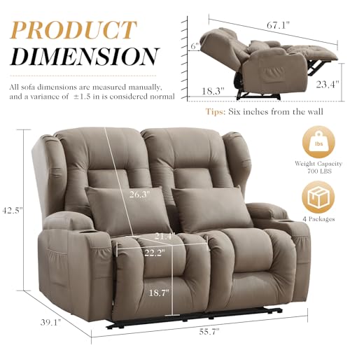 Image of Loveseat Recliner Sofa,RV Wall Hugger Recliners for Small Spaces,Reclining Loveseat Sofa Recliner with Cup Holders /Lumbar Pillows,RV Furniture (Khaki, 56 inch 2-Seater)