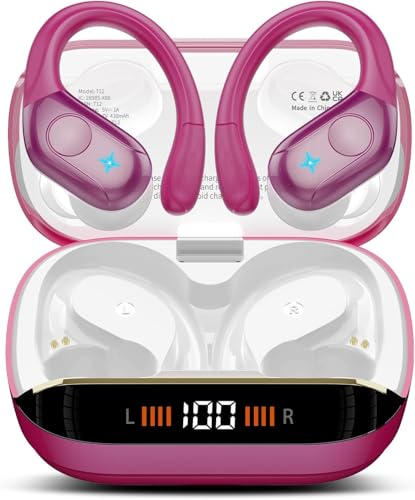 Image of Qecnato Wireless Earbuds Bluetooth 5.4 Headphones 75H Stereo Deep Bass Sports Over Ear Buds with Earhooks, LED Display Bluetooth Earbuds with 4 ENC Mic, IP7 Waterproof Earphone for Running, Rose Gold