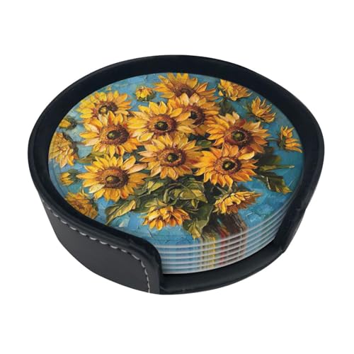 Juego de 6 posavasos de piel con estampado de girasol y pintura al óleo, con soporte para casa, oficina, bar