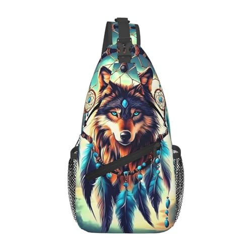 Dream Catcher Wolf Sling Bag Crossbody Backpack Casual Shoulder Backpack Lightweight Chest Bag With Adjustable Strap For Travel, Hiking, Sports