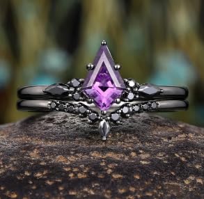 IVANKA Black Gold Kite Cut Amethyst Engagement Ring Set Witchy Rhodium Black Promise Ring Gothic Black Wedding Band Set Anniversary Ring Bridal Set Wedding Ring Set Purple Gemstone February Birthstone Statement Ring Set Amethyst Wedding Set Stackable Ring Gift For Her2