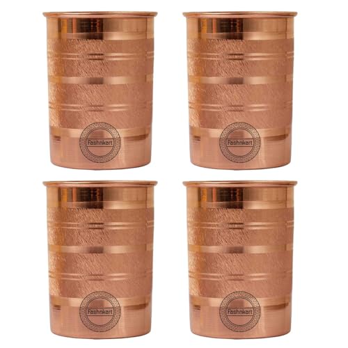 Fashnkart Verres en cuivre pur Eau potable Santé ayurvédique Gobelets en cuivre pur 10,14 oz 300 ml Lot de 4 (Touche argentée)