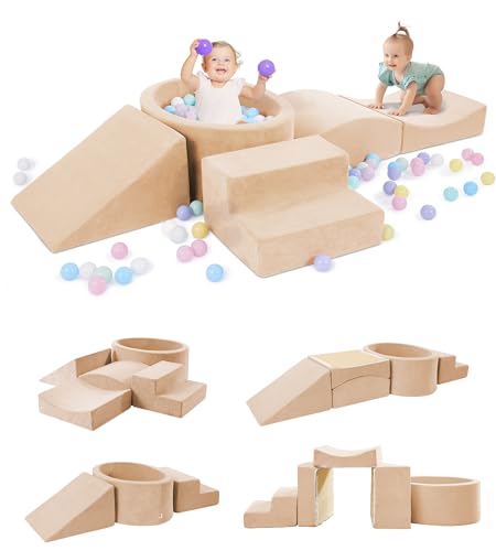 Image of Elftopia Foam Climbing Blocks with Ball Pit Designed for Toddlers Aged 1-3 -Great for Indoor Crawling, Inside Foam Playground Set for Little Ones to Active Playing -(Balls NOT Included) Beige