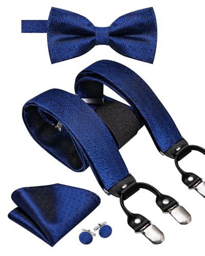 Image of Dubulle Suspender and Bow Tie for Men Paisley Solid Mens Suit Braces Pretied Bowtie and Handkerchief Cufflinks Formal Wedding