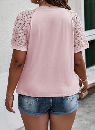 Image of Eytino Plus Size Tops for Women Summer Lace Short Sleeve Crewneck Loose Casual Blouse Tunic T Shirts(1X-5X)