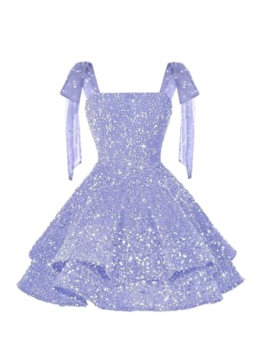 YOFF Spaghetti Straps Short Homecoming Dresses with Bows 2025 Tiered Sparkly Sequin Sweet 16 Prom Cocktail Dress YO2034