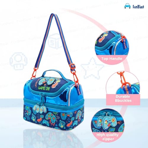 Image of FunBlast Insulated Lunch Bag for Kids - Leakproof Tiffin Bag with Shoulder Strap, Spacious, Durable and Easy to Clean, Lightweight Lunch Box Carry Bag for School, Picnic & Travel (Game)
