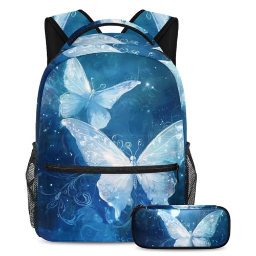 Sac à dos papillons bleus grand volume anti-déchirure avec trousse pour fournitures