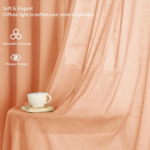 Image of HOMEMONDE Cotton Sheer Curtains 6 Feet Long Transparent Drapes for Home Door with Light Filtering Effect and Rod Pocket Single Piece (96 Inches, Peach)