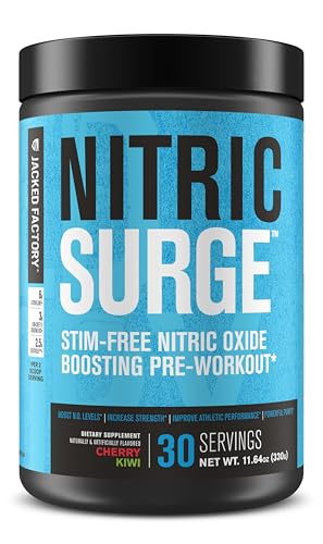 Jacked Factory Nitric Surge Stim Free Pre Workout Powder - Caffeine-Free Nitric Oxide Supplement w/Con-Cret Creatine, L Citrulline, & GlycerSize Glycerol - Cherry Kiwi, 30 Servings