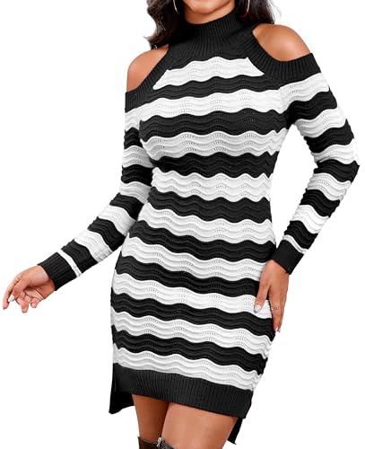Image of sexycherry Women's Sexy Winter Sweater Dresses Cold Shoulder Pullover Dress
