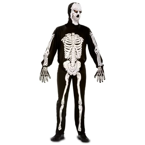 My Other Me - Disfraz Esqueleto adulto-hombre, talla XXXL. Incluye verdugo, mono y guantes. Diseño anatómico en blanco sobre fondo negro con huesos impresos en manos, cara, brazos, torso y piernas.