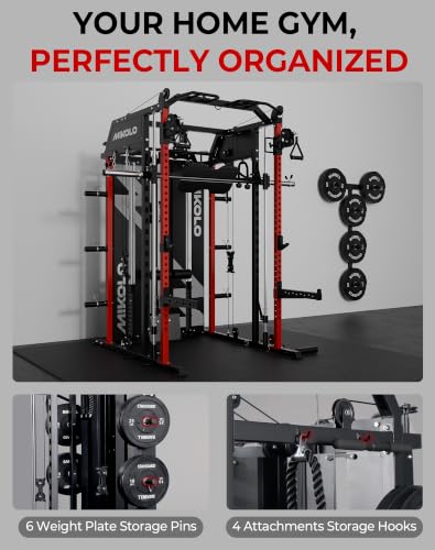 Image of Mikolo Smith Machine with Weight Stack, Power Cage Home Gym System with LAT Pulldown & Cable Crossover, Multi-Functional Trainer with Dual Pulley System, Includes 10+ Free Attachments