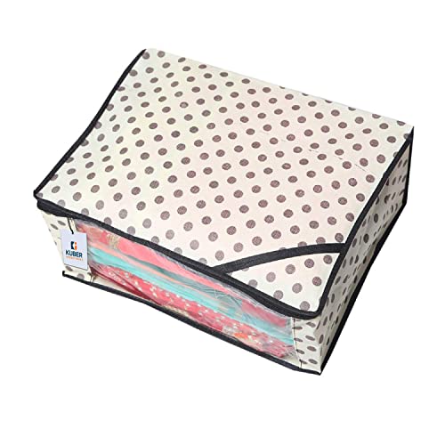 Image of Kuber Industries Non Woven Foldable Saree Covers With Zip|Polka Dots Wardrobe Organizer For Clothes|Transparent Window Keep 8 To 10 Saree|Pack of 3 (Black & Beige), 330x220 mm