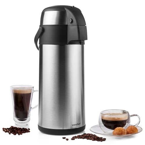 VonShef Thermal Airpot Carafe Coffee Beverage Dispenser Stainless Steel, Large 5 Liter or 170 fl oz Capacity ,Silver/Black