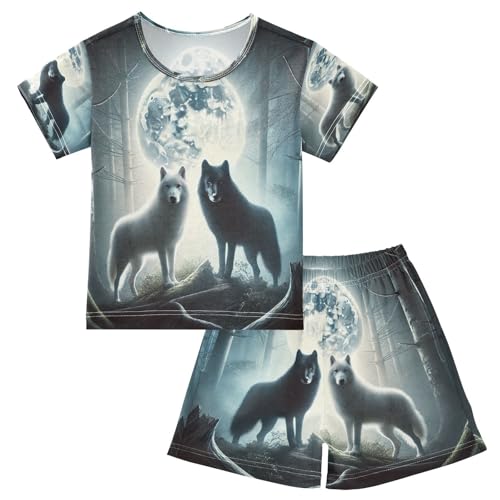 Wolves Moonlight Blue Pajama Set Short Sleeve Summer Pajamas Shorts Sets PJ Clothes Set Soft 5Y