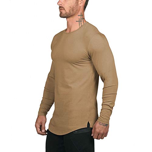 Althlemon Mens Running Short Sleeve Hipster Curved Longline Drop Tail Shirt Long Tshirt Workout Casual Tee, Khaki Long Sleeve, Medium