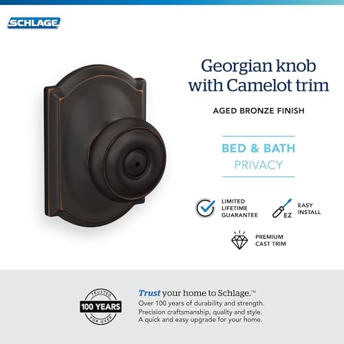 Image of Schlage F40 GEO 716 CAM Georgian Door Knob with Camelot Trim, Bed & Bath Privacy Lock, Aged Bronze