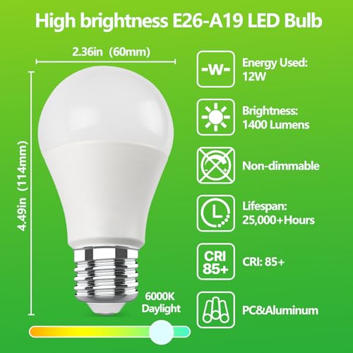 RuLEDne A19 LED Light Bulb,100 Watt Equivalent, Daylight 6500K, E26 Medium Base,12W 1400LM AC120V, Non-dimmable Frosted Cover, Cool White LED Bulb for Indoor Lighting, 4 Pack