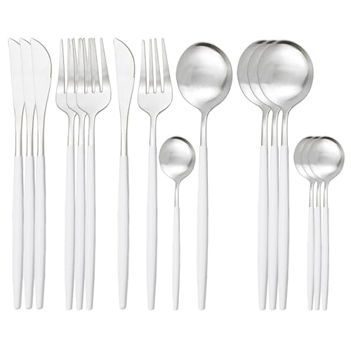 ONUIFIKE Silverware Set, 16pcs White Gold Matte Portuguese Stainless Steel Cutlery Stainless Steel Steak Knife, Fork And Spoon Set, Home Cutlery Flatware Set(White Silver)