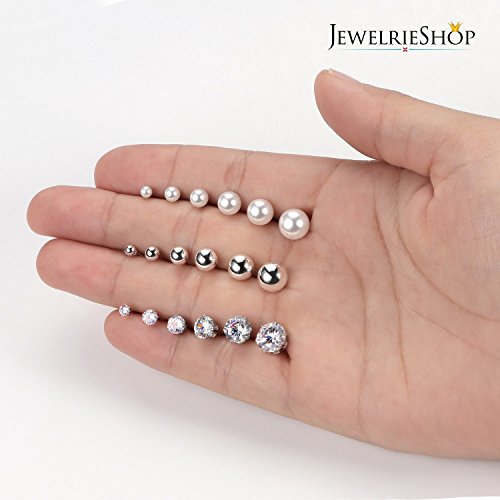 JewelrieShop Earrings Studs Set for Women Stainless Steel CZ Ball Faux Pearl Hoop Hypoallergenic Silver Multiple Ear Stud Earing for Men4