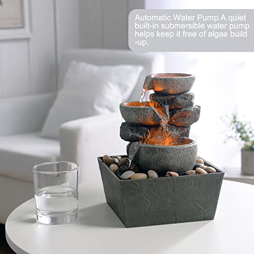 Decorative Indoor Fountain 3-Bowl Rockery Soothing Sound Tabletop Fountains Home/Office Decor with Led Light/Some Cobblestones(1556A)