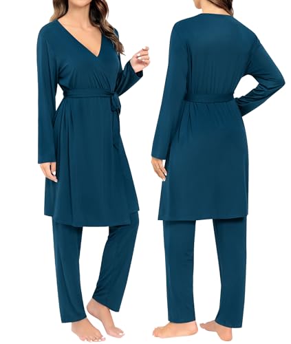 Image of SWOMOG Maternity Nursing Robe Set 3 Piece Breastfeeding Pajamas 3 in 1 Labor Delivery Sleevless Tops&Long Pants Pregnancy Pjs