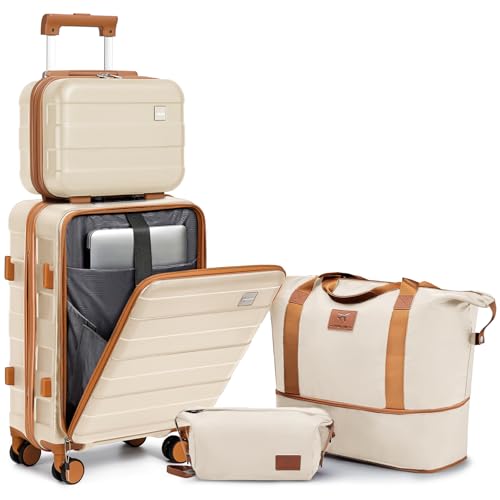 imiomo-Carry-on-Luggage-Airline-Approved-Lightweight-Hard-Shell-Carry-on-Suitcase-20-Inch-Travel-Luggage-with-Spinner-Wheels-and-USB-Port-White-Brown