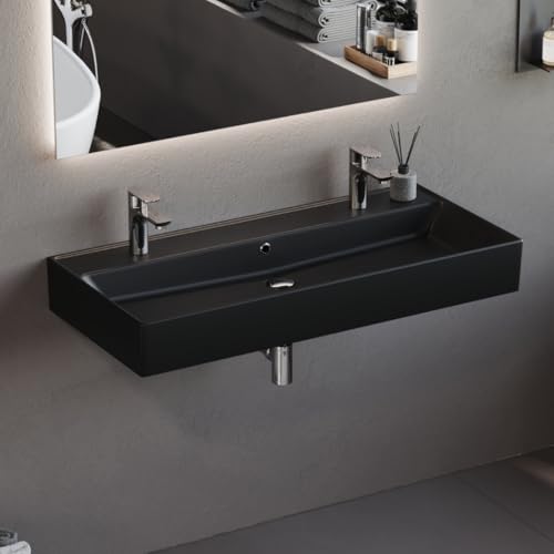 Aqua Bagno double vasque noir mat 100 cm, lavabo double en céramique pour salle de bain, vasque...