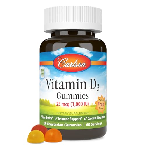 Carlson - Vitamin D3 Gummies, 1000 IU (25 mcg), Bone Health, Immune Support & Calcium Absorption, Natural Fruit Flavors, 60 Vegetarian Gummies