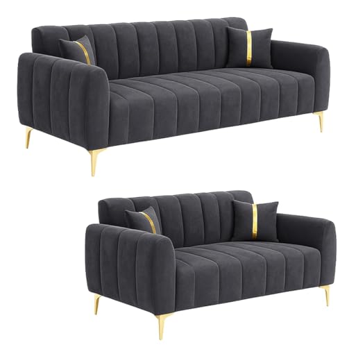 Image of FURNY Harmony 5 Seater Fabric 3+2 Sofa Set (Dark Grey) with Golden Finish Legs & Premium Velvet Finish | Durable & Comfortable | Ideal for Living Room