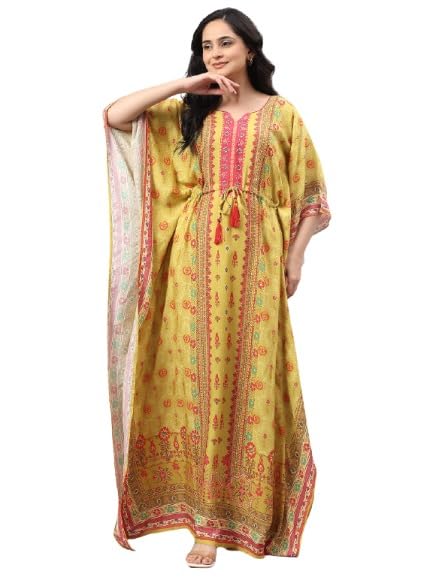 bellamy Women Cotton Blend Rayon Ethnic Printed Kaftan Nighty with Drawstring Waist | Regular Fit Lounge Wear Nightdress-picture-29