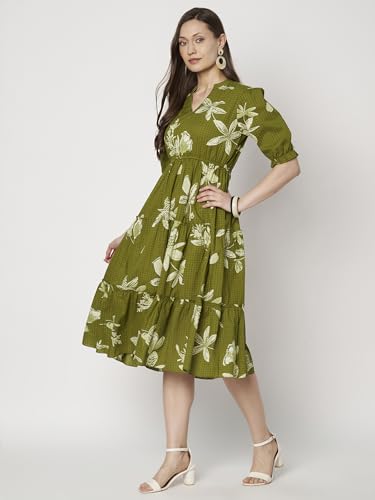 Image of PIDAVLIYA'S Women's Floral Summer Maxi Dress I Cotton Printed I One Piece Bodycon Midi Dress with V-Neck, Puffed Sleeves
