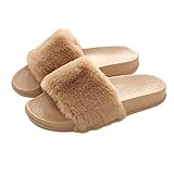 xsby Fur Slides for Women, Fuzzy Sandals Flip Flop Furry Soft Flat for Indoor Outdoor Slippers Khaki 39