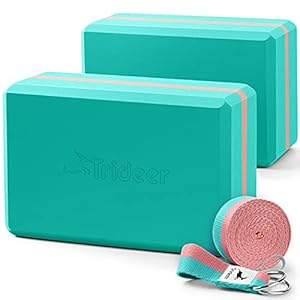 Trideer Yoga Blocks 2 Pack with Strap, Non-Slip EVA Foam & 8 ftStretching Strap, High Density Yoga Blocks and Strap Set for Pilates, General Fitness Stretching, Toning Workouts and Meditation