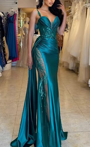 Mermaid Satin Prom Dresses for Women 2025 Spaghetti Straps V-Neck Lace Appliques Formal Evening Party Gown with Slit3