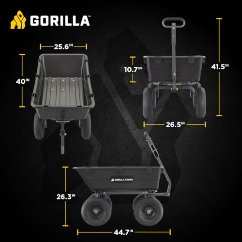 Image of Gorilla Carts Heavy-Duty Poly Yard Dump Cart, 6 Cu Ft Tub, 1200 lb Haul Capacity, Black - Towable Utility Wagon with Quick-Release Dumping & Pneumatic Tires for Landscaping and Gardening