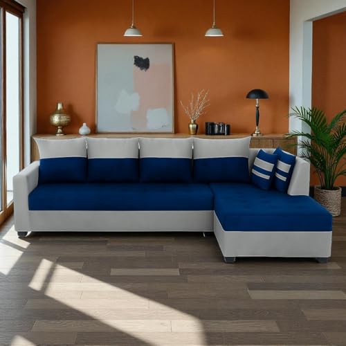 Image of FURNY Stylecon 6 Seater Fabric RHS L Shape Sofa Set (Blue-Light Grey) | Premium Velvet Finish | Durable Comfort | Ideal for Living Room