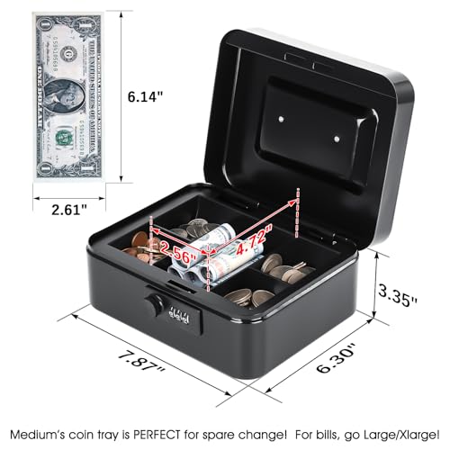 KYODOLED Cash Box with Combination Lock Safe Metal Money Box with Money Tray for Security Lock Box 7.87"x 6.30"x 3.35" Black