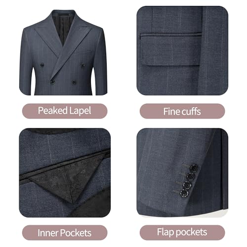 Mens Suit 4 Pieces Tuxedo Blazer Slim Fit Peaked Lapel Striped Double Breasted Pants Shirt Tie Wedding Prom Business3