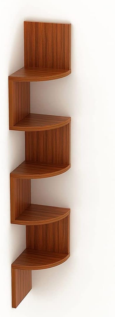 USHA SHRIRAM 5 Tier Corner Wall Mounted Shelf | DIY Assembly Book Shelf for Home Library| Engineered Wood | Wall Shelf for Living Room |Home Decor Items | 1 Piece | Teak