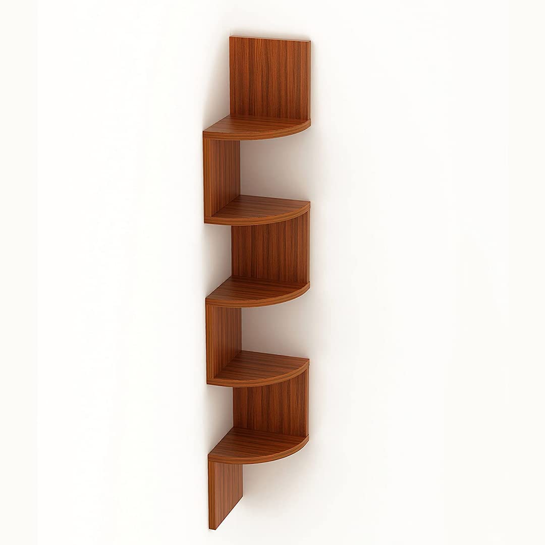 USHA SHRIRAM 5 Tier Corner Wall Mounted Shelf | DIY Assembly Book Shelf for Home Library| Engineered Wood | Wall Shelf for Living Room |Home Decor Items | 1 Piece | Teak