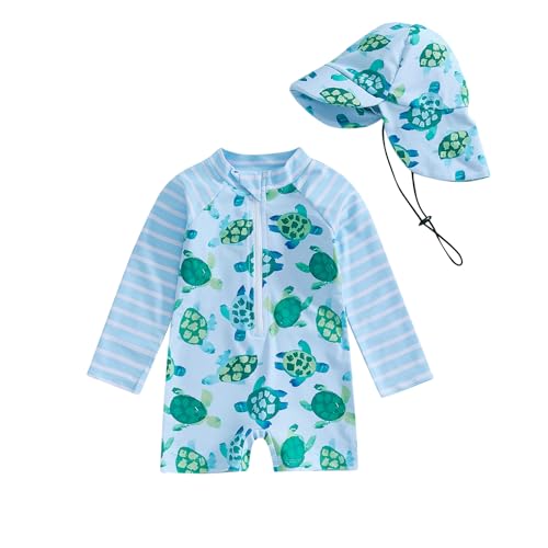 Image of Lucikamy Toddler Baby Boy Girls One Piece Swimsuit Long Sleeve Zipper Bathing Suit with Hat Infant Rash Guard Swimwear