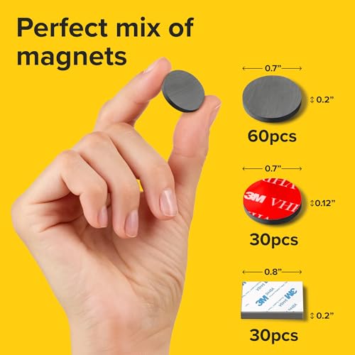 Image of Strong Ceramic Round and Square Magnets with Adhesive Backing (3 Sizes Mix, 120 pcs) - Heavy Duty Sticky Magnets, Non-Corrosive, Versatile for Home, Office, Workshop, Whiteboard, Fridge and Hobby Use
