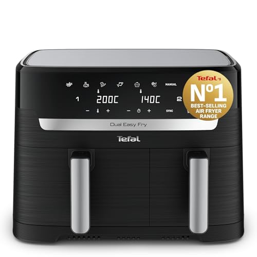 Tefal Easy Fry Dual Zone Digital Air Fryer 2 Drawers 8.3L 8in1 Air Fry Extra Crisp Roast Bake Reheat Dehydrate 6 Portions Non-Stick Dishwasher Safe Baskets Black & Metal EY901840