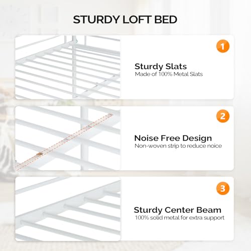 VINGLI Loft Bed Full Size with Flat Rungs for Adults, Kids and Young Teens, No Box Spring Required,Heavy Duty Metal Slat Support,White
