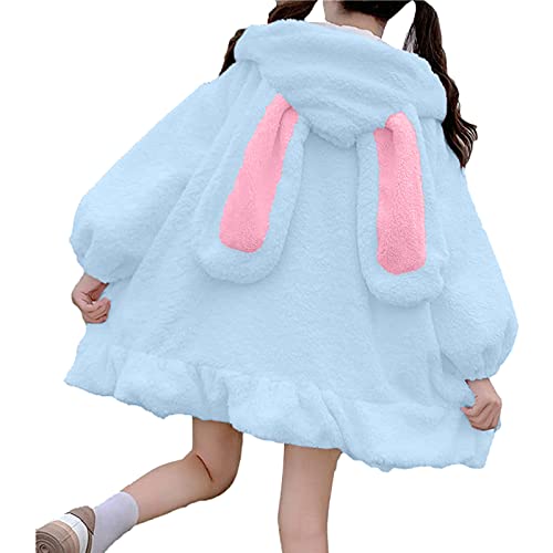 PAIDAXING Sudaderas con capucha para mujer, lindas orejas de conejo, sudadera con capucha de conejo esponjosa, cómoda sudadera con capucha kawaii, suelta, holgada, suave, con cremallera, chaqueta de